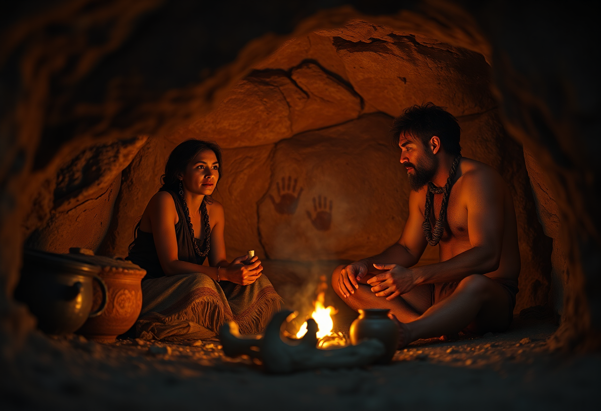 Photorealistic cinematic medium shot of a Neanderthal woman and a Denisovan man sitting together by a small fire inside 