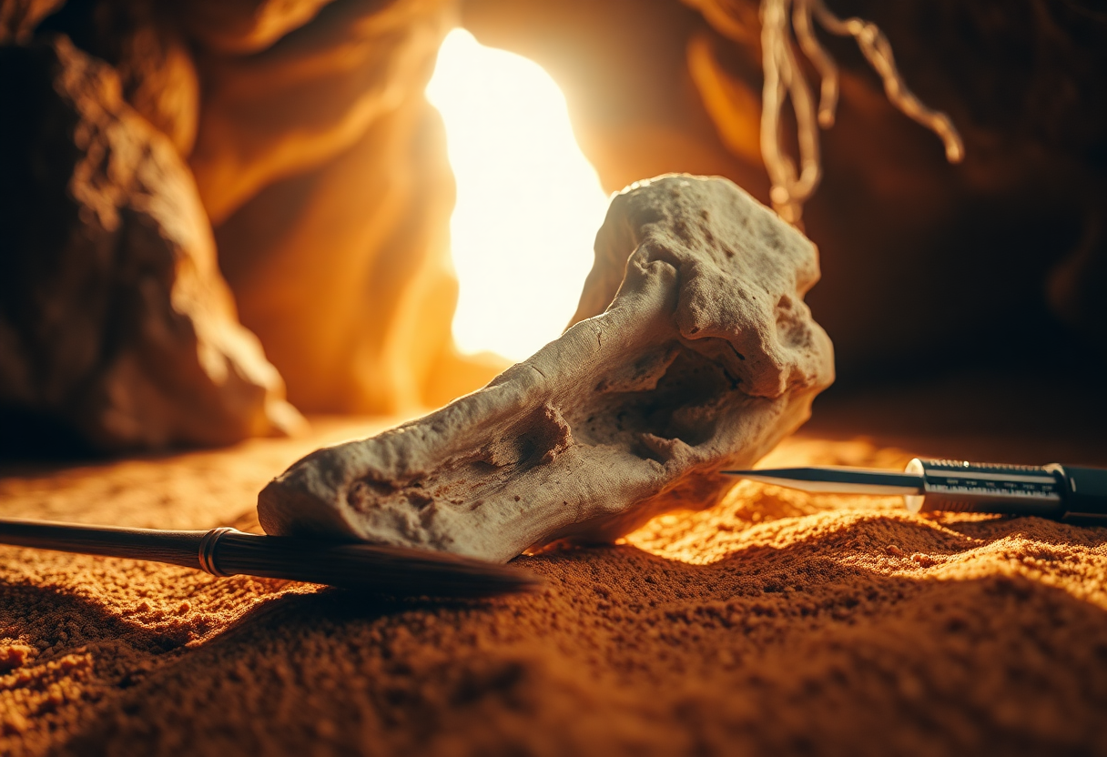 Photorealistic extreme close-up of an ancient fragment of human bone resting on a bed of ochre sand inside a cave, a thi
