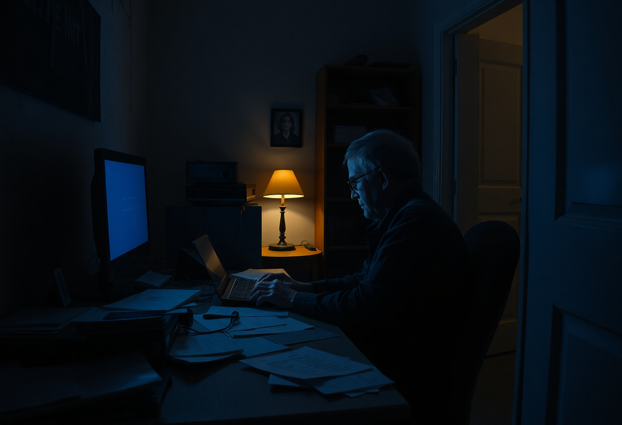 Photorealistic 2014 scene inside a cramped home office at night, a middle-aged academic silhouetted by the glow of a lap