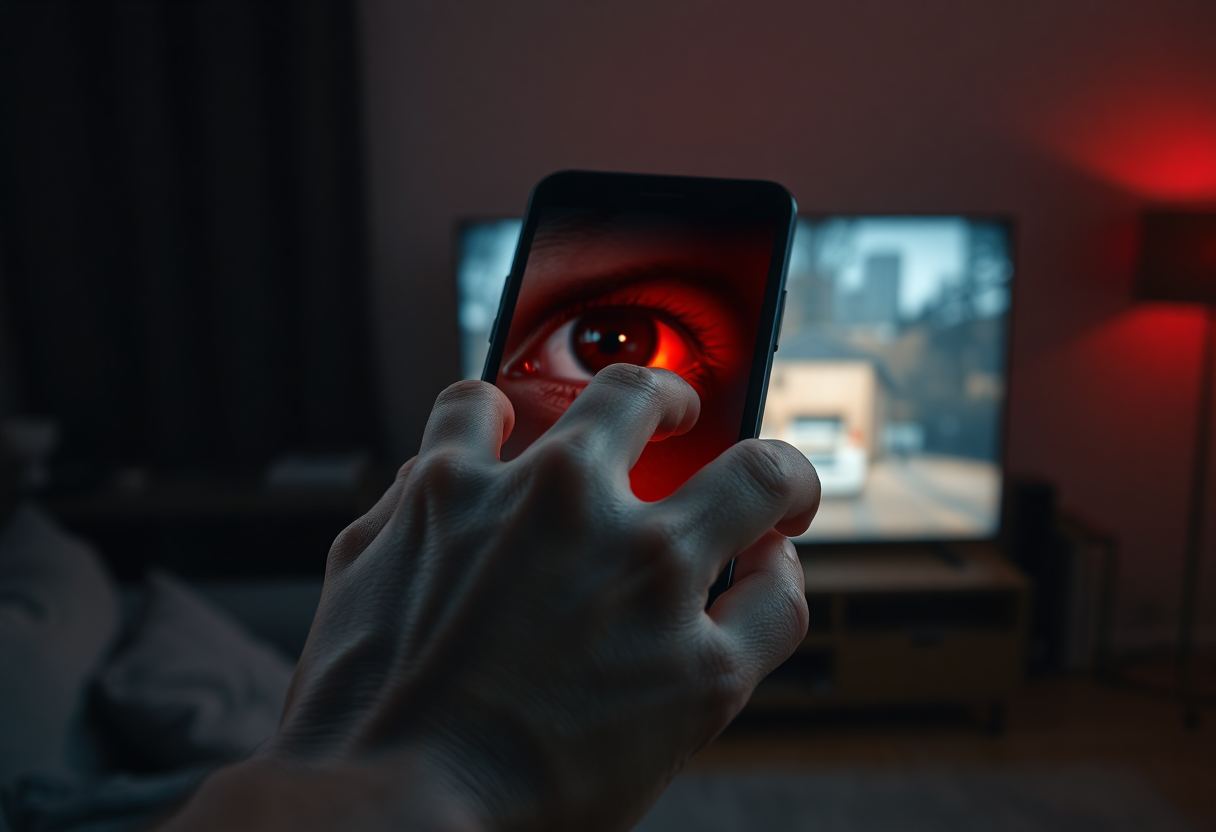 Photorealistic extreme close-up of a weathered human hand holding a smartphone in a dark living room, the screen glow ca