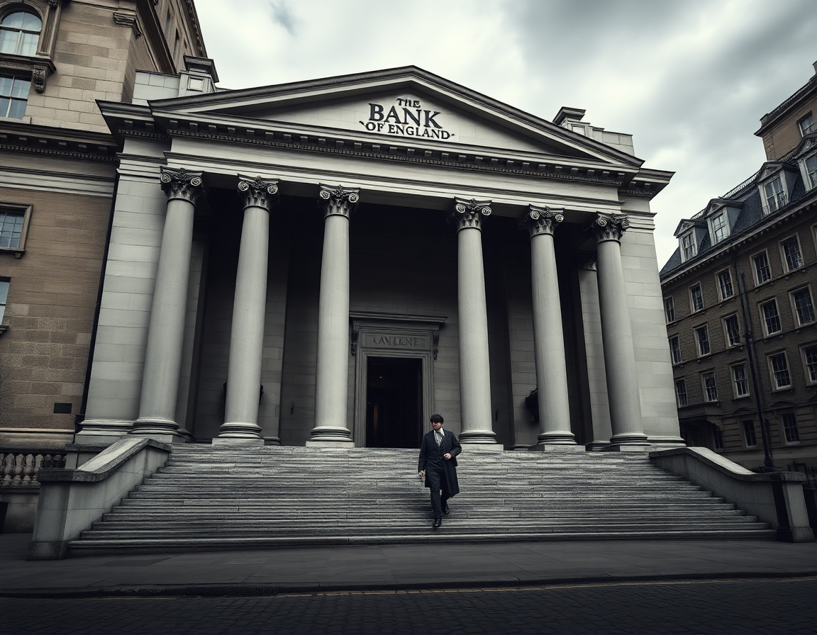 Fachada neoclásica del Banco de Inglaterra con columnas de piedra y una multitud de transeúntes victorianos