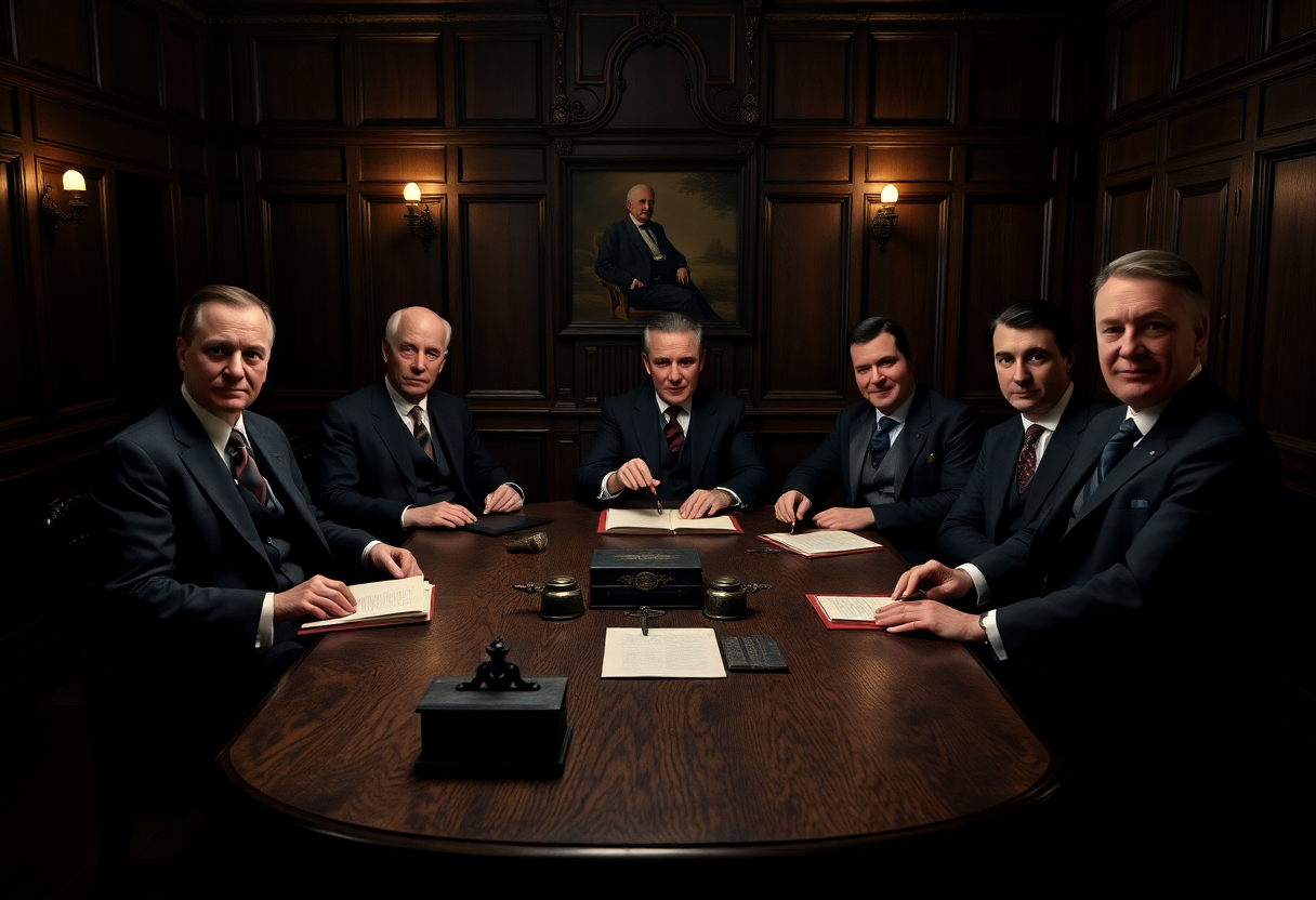 Retrato de grupo de seis banqueros y políticos de principios del siglo XX en un salón de madera oscura