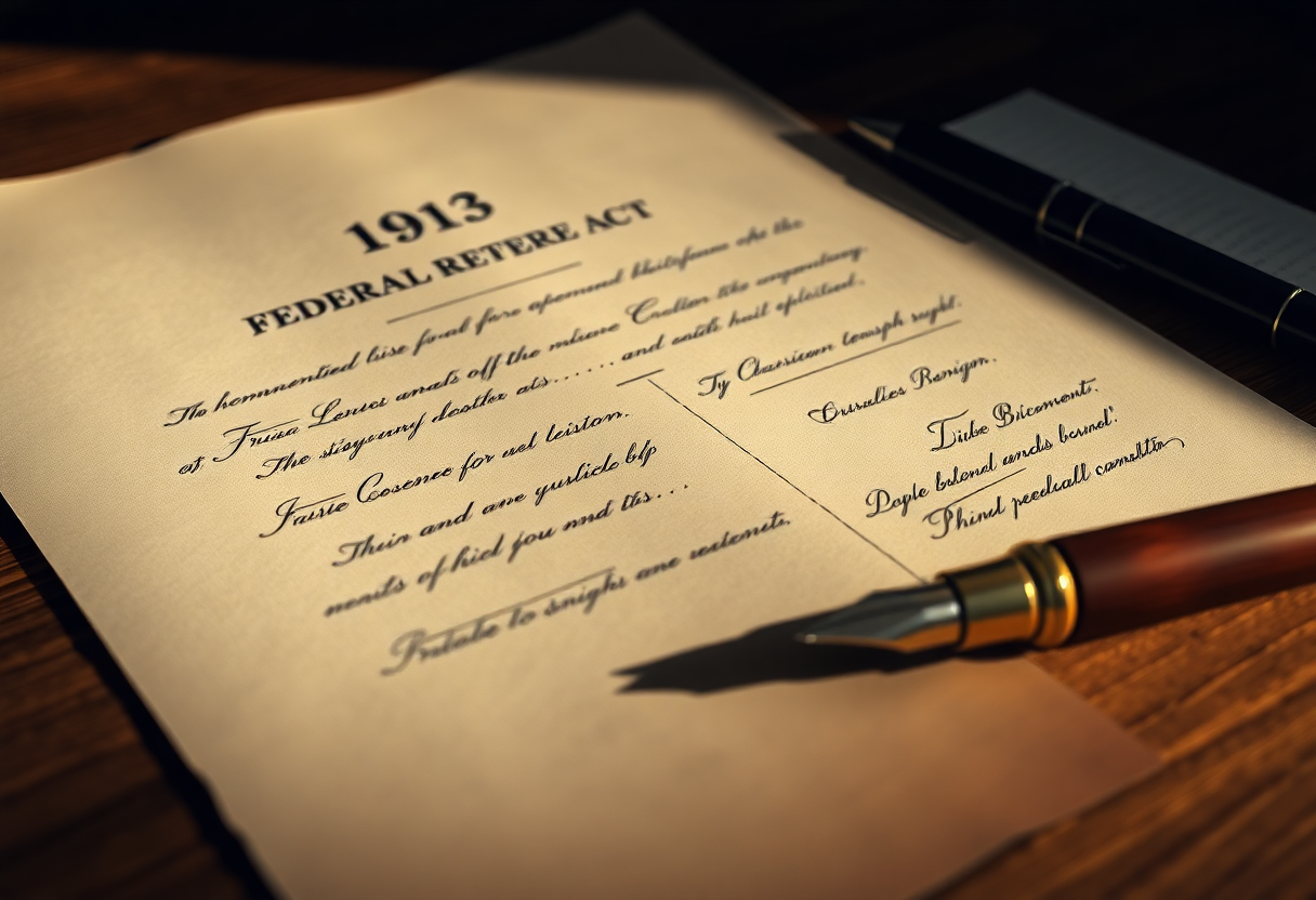 Photorealistic close-up of a 1913 Federal Reserve Act document on a wooden desk, aged paper with handwritten signatures 
