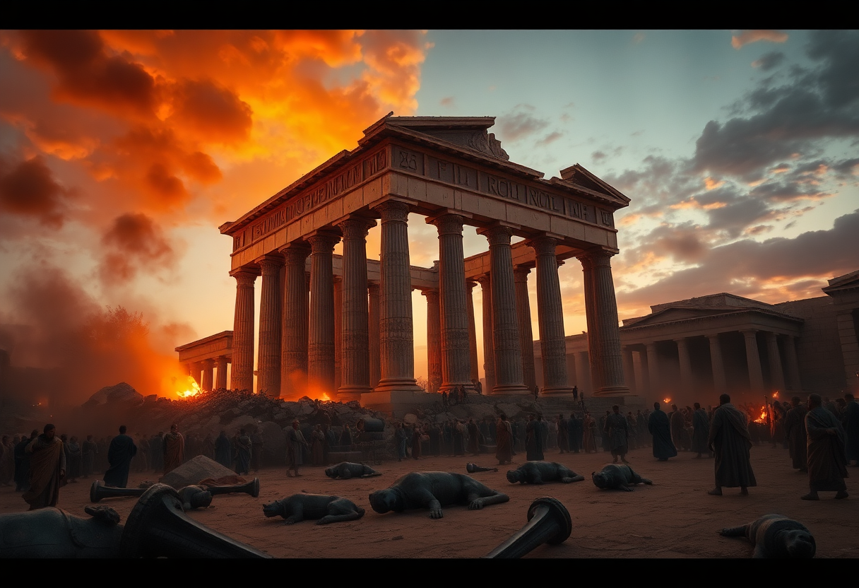 Photorealistic cinematic view of the Serapeum of Alexandria being demolished by a crowd in 391 AD, ancient stone temple 