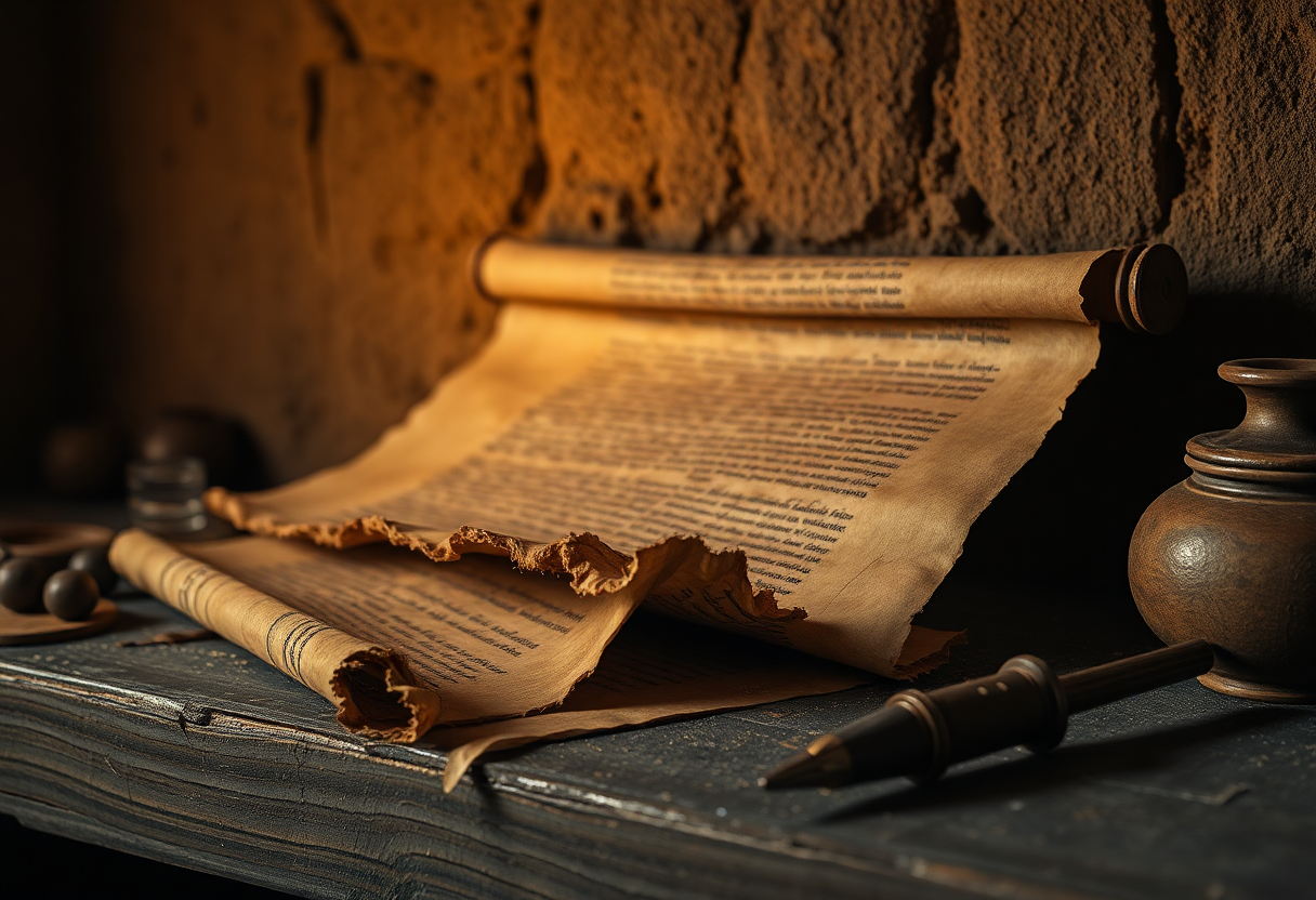 Photorealistic cinematic close-up of a single ancient papyrus scroll unrolling on a dusty wooden shelf, frayed edges and