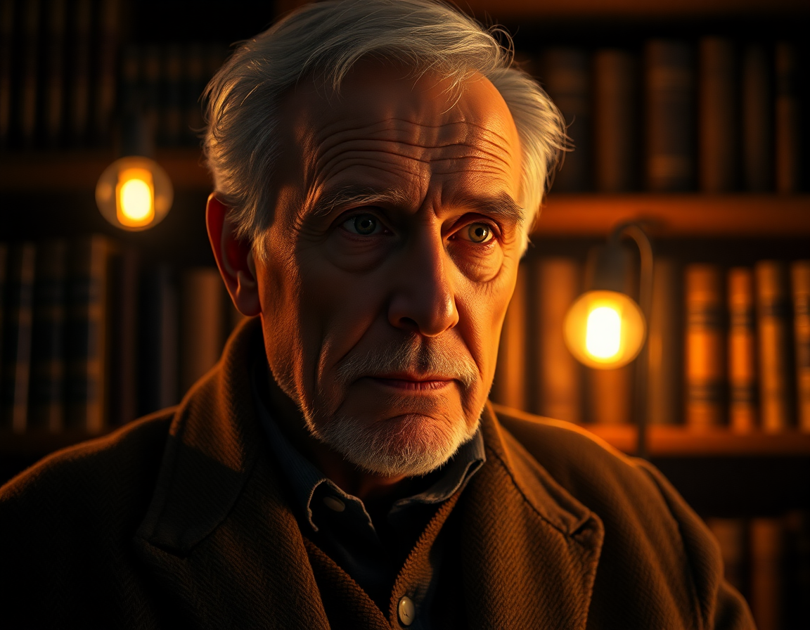 Cinematic photorealistic portrait of an elderly man in his study at dusk, half his face illuminated by warm amber lamp l