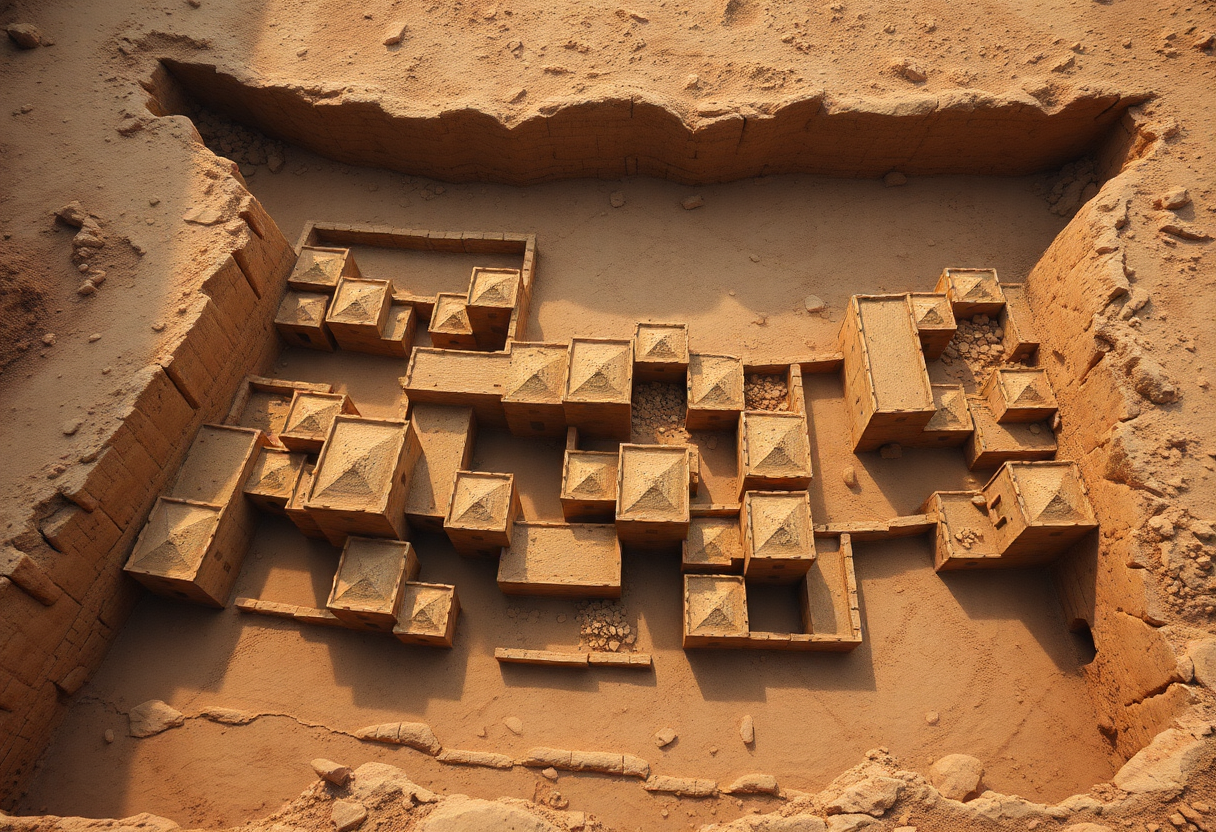 Plano arqueológico de viviendas de Çatalhöyük adosadas entre sí, sin calles ni espacios públicos identificables