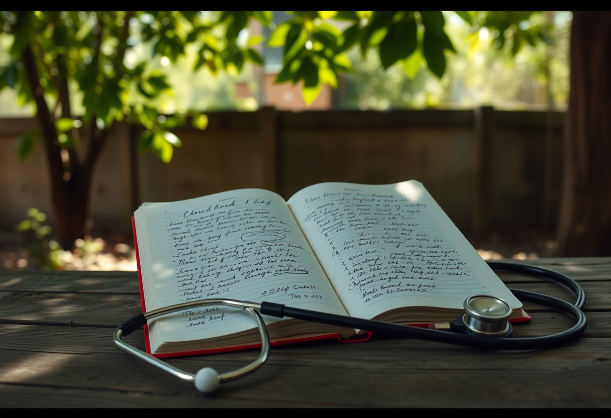 Cuaderno clínico abierto sobre una mesa de madera con anotaciones manuscritas y un estetoscopio en el borde.