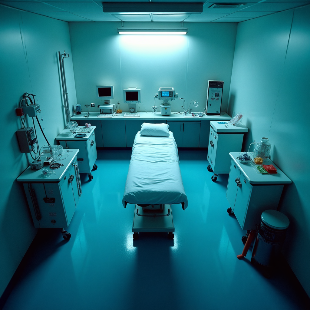 Vista cenital de una sala de investigación clínica con una camilla, equipos de monitoreo y luz tenue azul-blanca