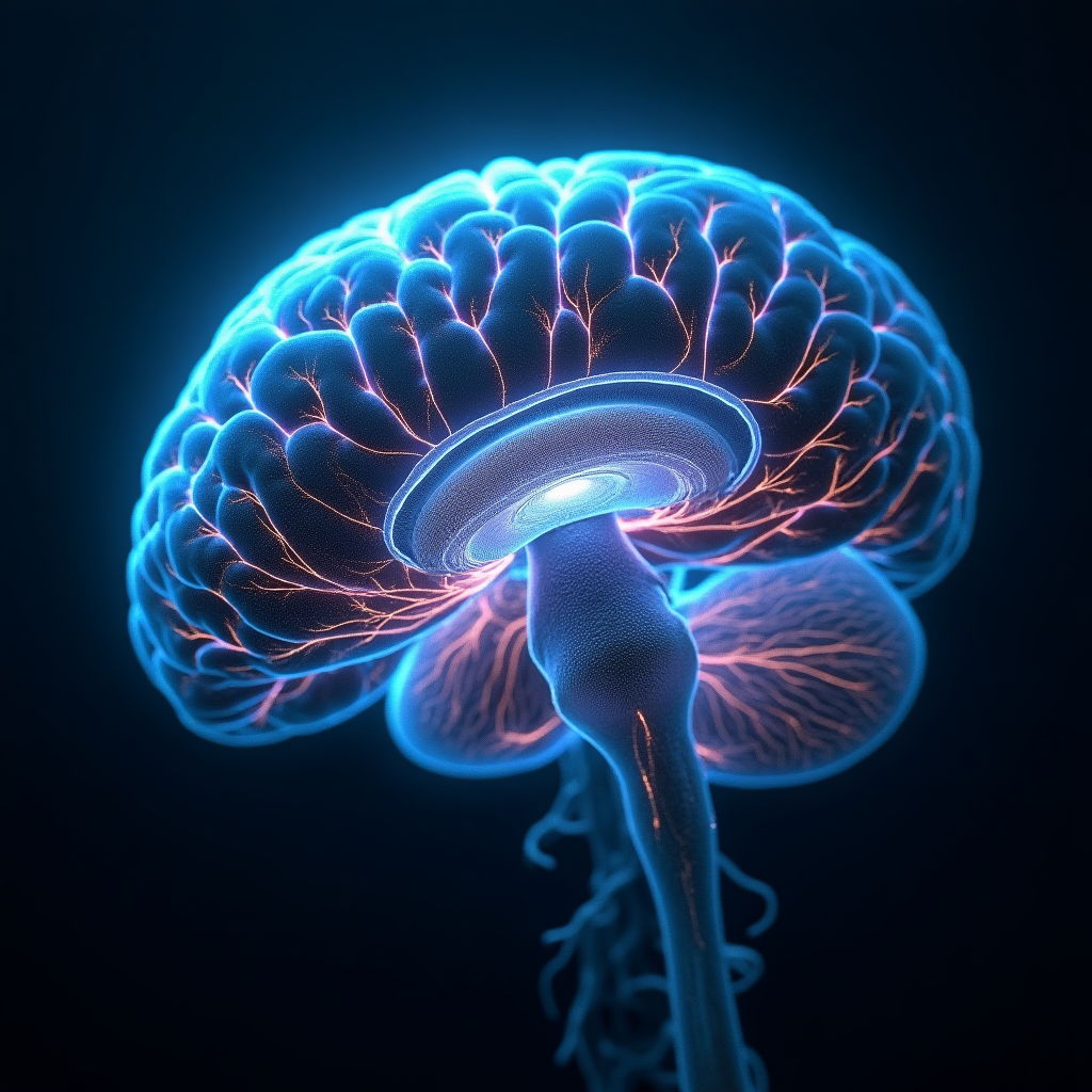 Modelo tridimensional de la molécula de dimetiltriptamina renderizado sobre fondo negro con estructura química en color azul y blanco