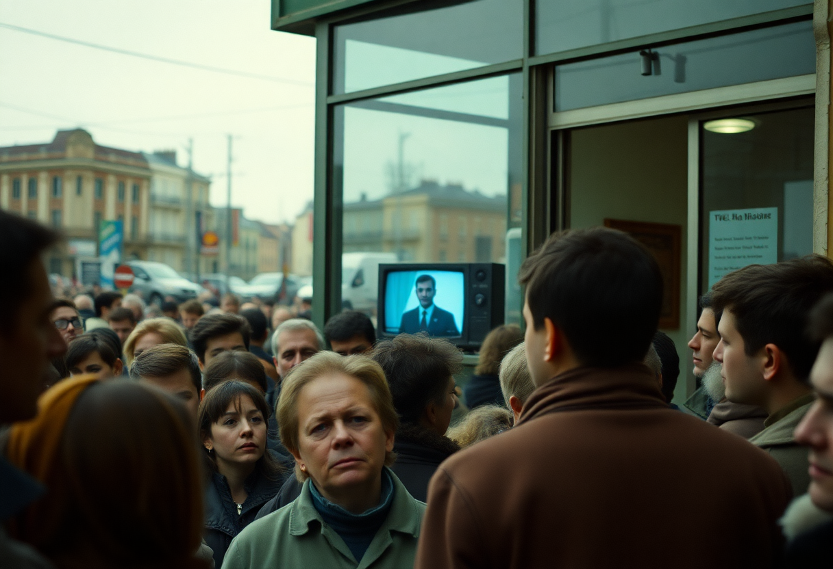 Photorealistic scene of a crowded outdoor public gathering in the 1980s watching a small television through a shop windo
