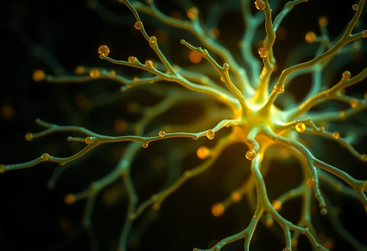 Photorealistic extreme close-up of a human brain neuron network rendered as glowing organic filaments intertwined with f