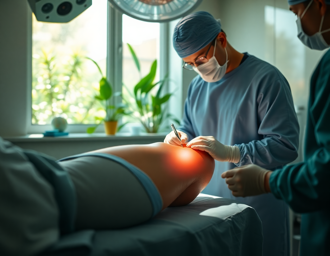 A cinematic, photorealistic scene of a modern operating room with a patient's knee exposed, surgeons in scrubs performin