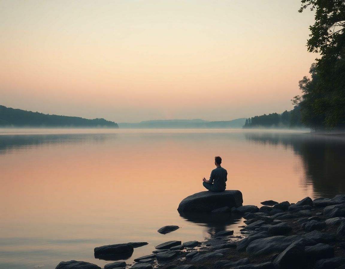 An experienced meditator sitting cross-legged on a wooden platform beside a calm forest lake at dawn, eyes closed, gentl