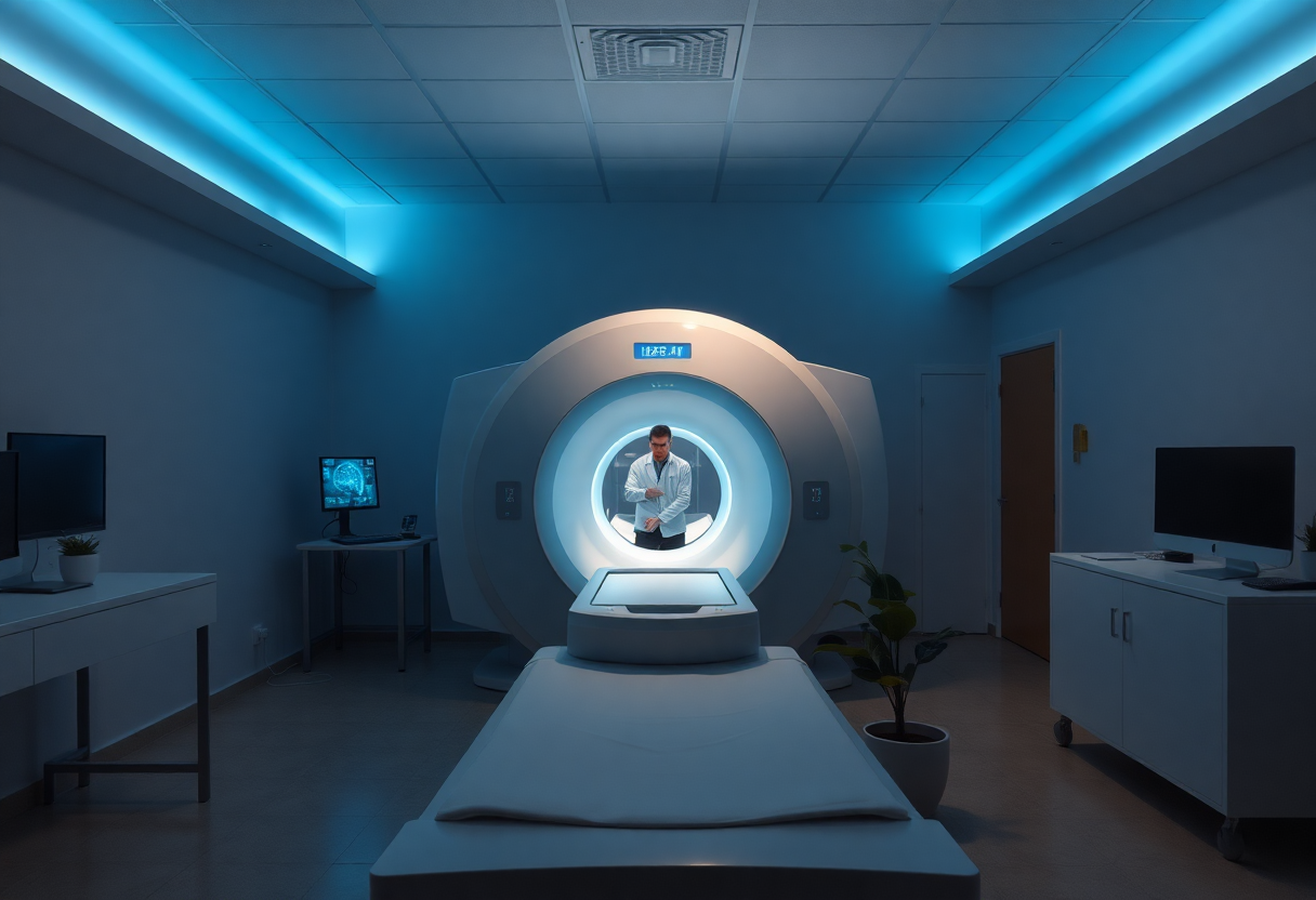 A neuroscience fMRI scanner room in a quiet research facility, dim ambient light with cool blue glow from the machine, a