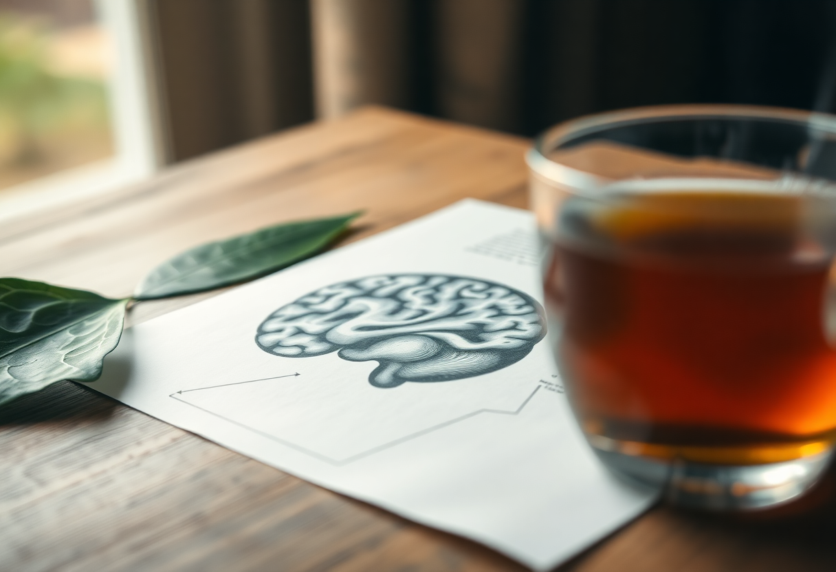 Extreme close-up macro detail of a human brain scan printout lying on a wooden table beside a green leaf and a cup of te