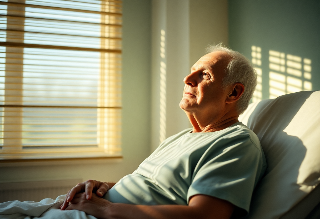 Photorealistic cinematic scene in a Dutch hospital cardiology ward in 2001, an elderly male patient sitting upright in b