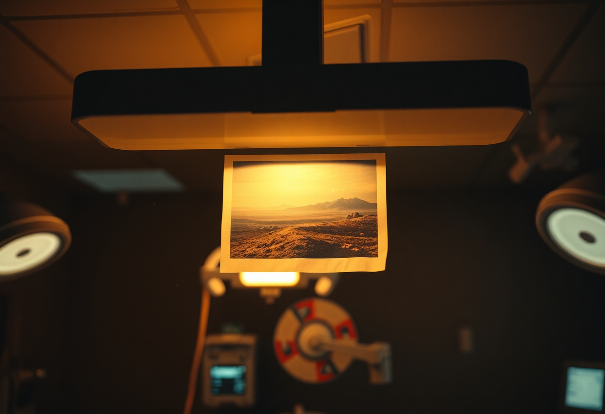 Photorealistic extreme close-up of a hidden image mounted on a high shelf above a hospital resuscitation bed, a small la