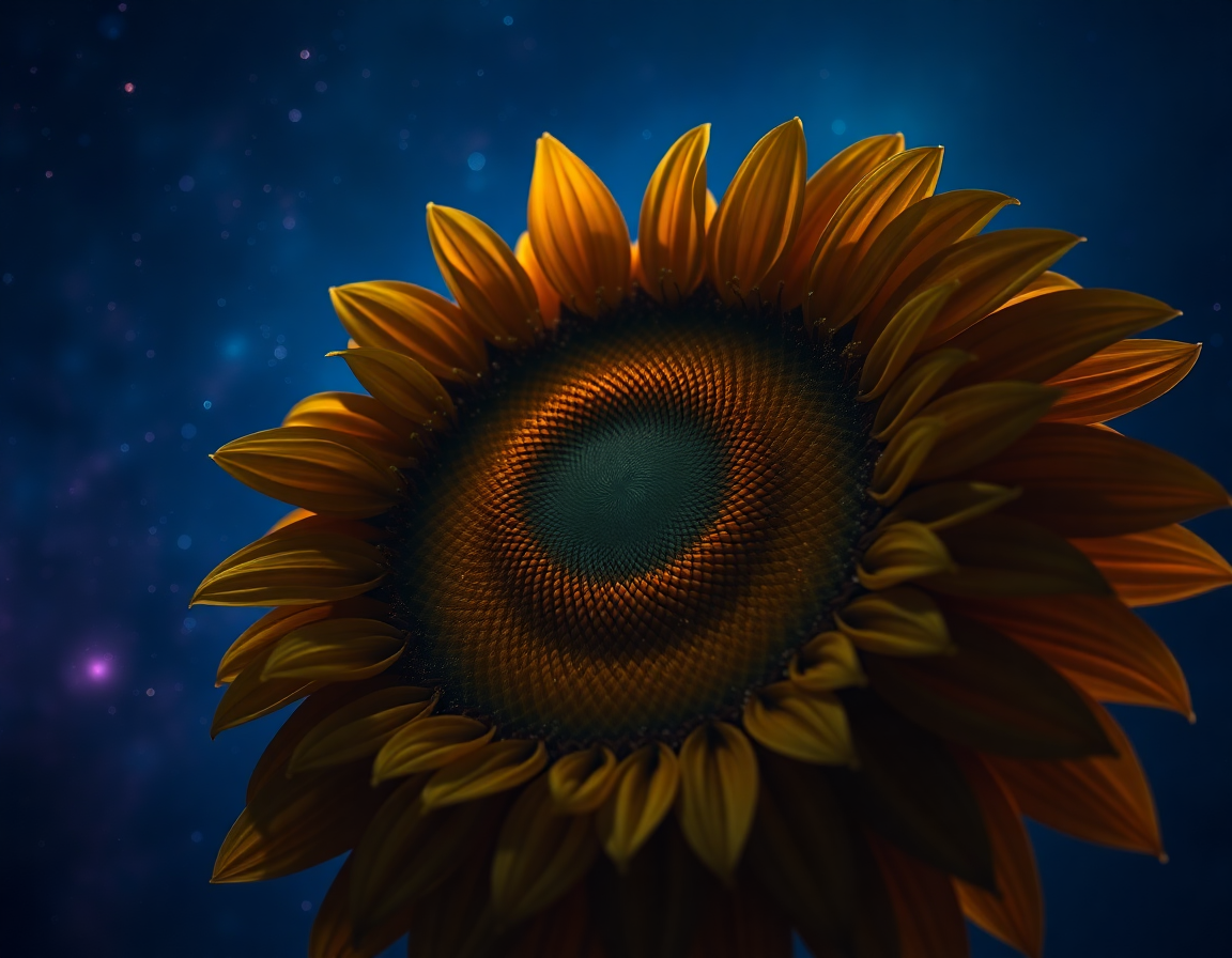 Girasol maduro fotografiado desde arriba mostrando las espirales dobles de sus semillas en sentido horario y antihorario