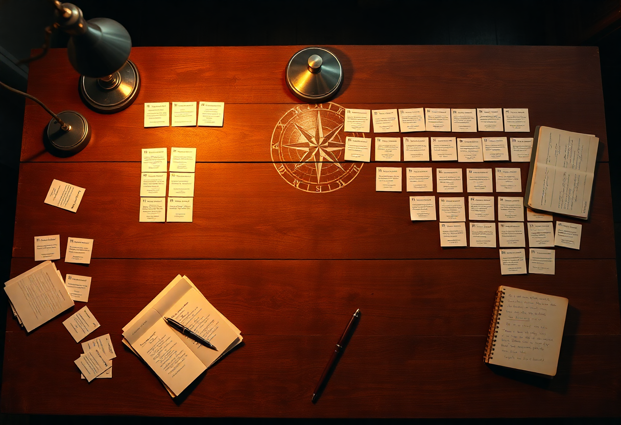 Diagrama de una mesa con tarjetas ordenadas en dos direcciones distintas: una secuencia horizontal de izquierda a derecha y otra alineada con puntos cardinales marcados en el suelo.