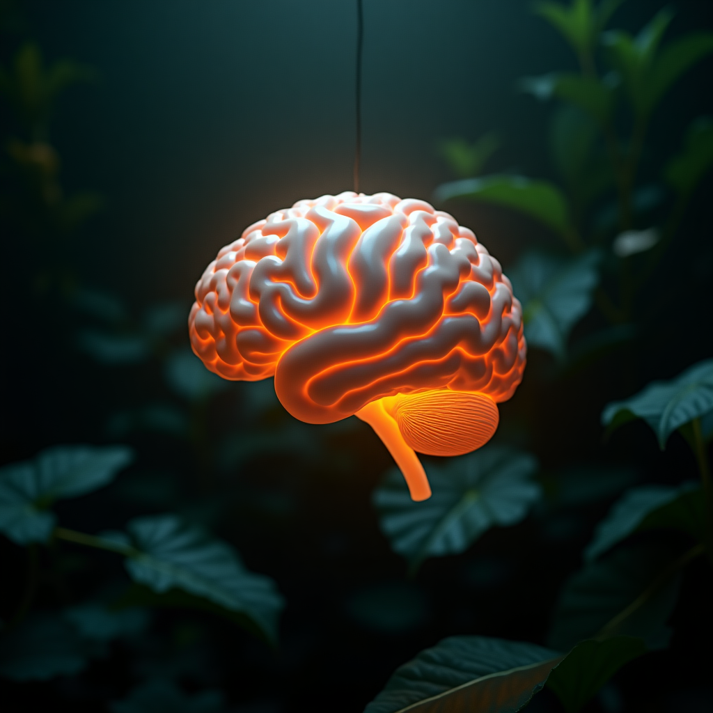 Vista cenital de un cerebro humano iluminado desde dentro, sobre fondo negro, sin marcos ni efectos de envejecimiento