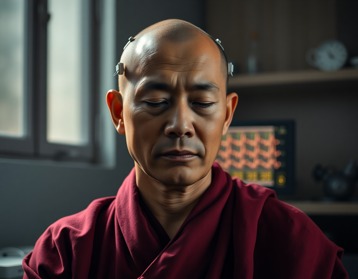 Retrato de un monje tibetano con electrodos de electroencefalografía adheridos al cuero cabelludo en un laboratorio de neurociencia