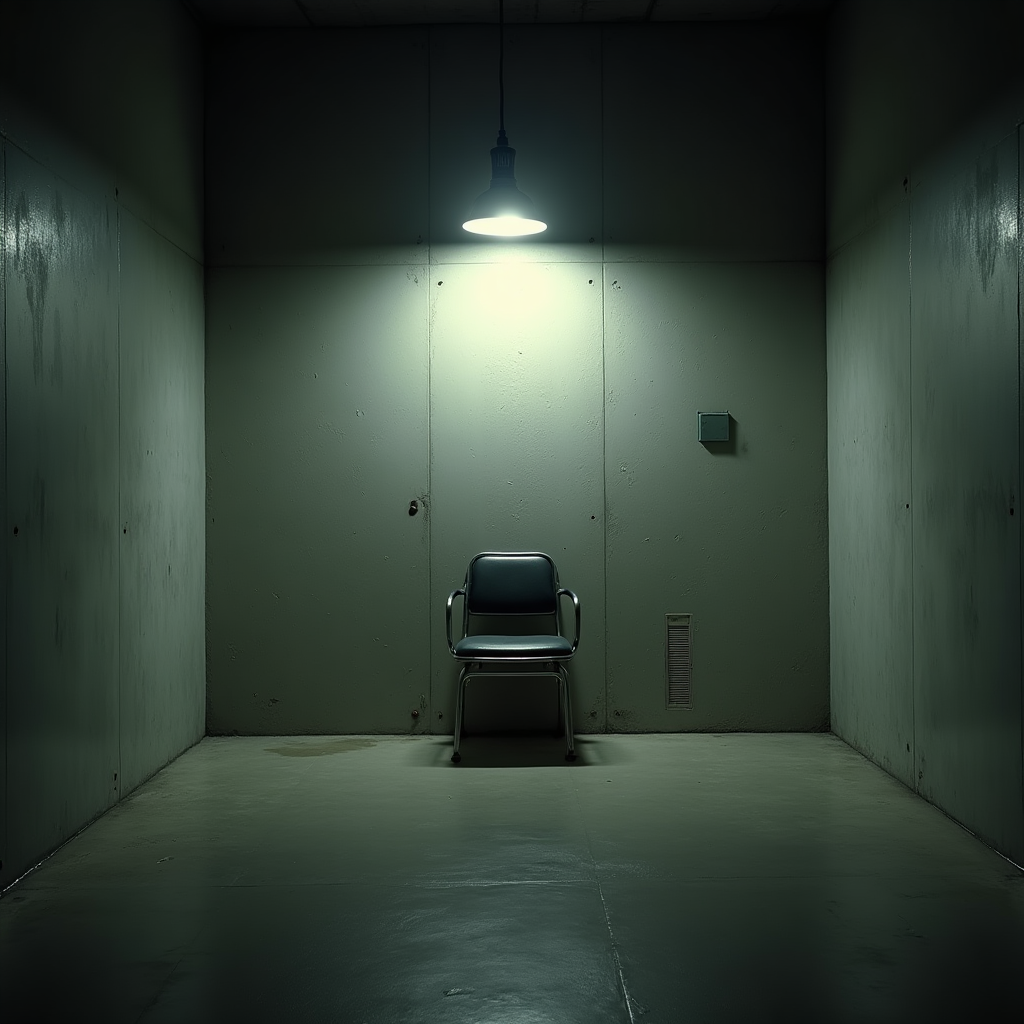 Sala de interrogatorio vacía con silla de metal bajo una lámpara incandescente, paredes de concreto gris, iluminación dura y lateral