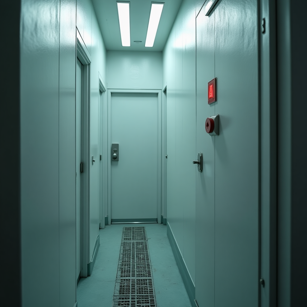 Pasillo de hospital psiquiátrico de los años cincuenta, iluminación fluorescente, puertas metálicas cerradas a ambos lados, perspectiva lineal hacia el fondo