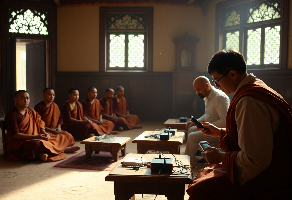 Monjes tibetanos sentados en meditación en una sala de templo con termómetros y equipos de medición fisiológica conectados a sus cuerpos