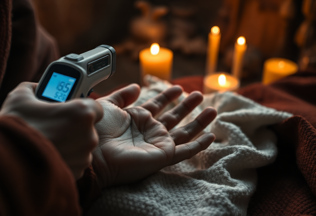 Photorealistic close-up detail shot of an infrared thermometer pointed at a monk's open palm resting on a woolen blanket