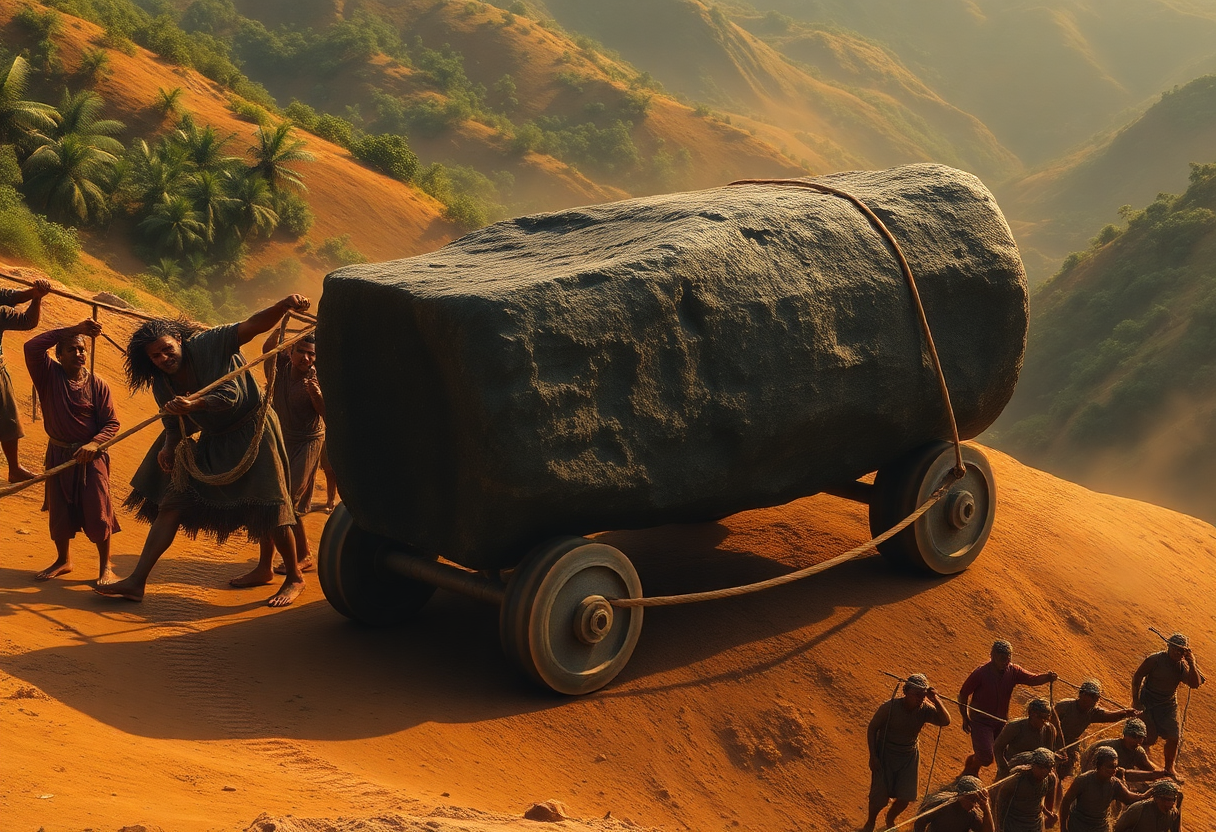 Reconstrucción de una cabeza colosal olmeca sobre plataforma de tierra, con trabajadores transportando bloque de basalto mediante rodillos de madera.