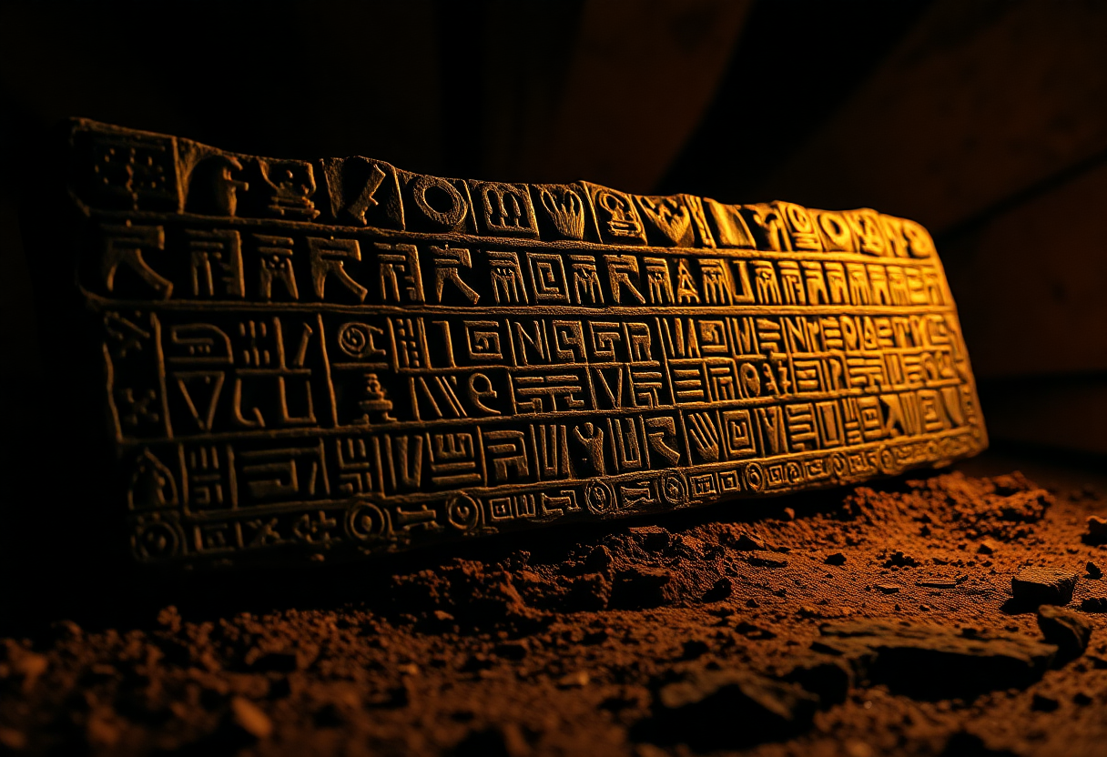Detalle del Bloque de Cascajal, piedra serpentina con 62 glifos olmecas grabados en hileras, fotografiada bajo luz rasante.