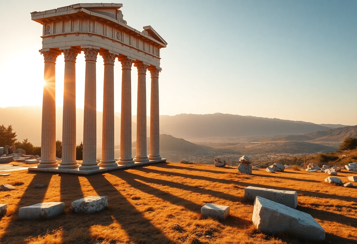 Vista de las ruinas del templo de Apolo en Delfos con las columnas dóricas y el valle del Pleistos al fondo