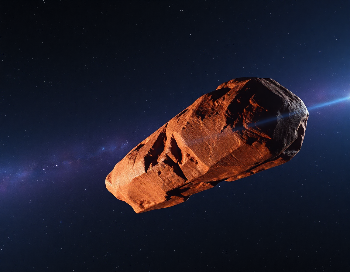 Representación artística de Oumuamua, el objeto interestelar en forma de cigarro, atravesando el sistema solar interior