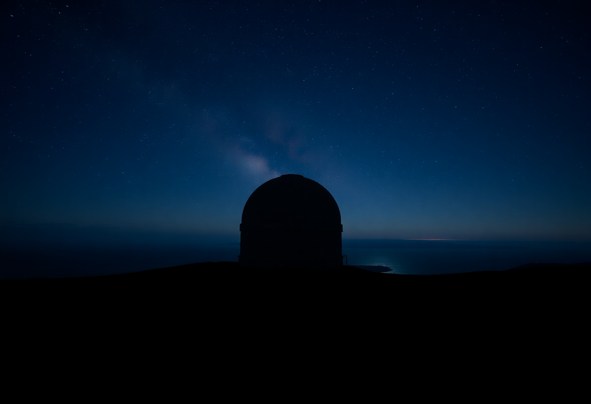 Photorealistic cinematic view from the Pan-STARRS observatory on Haleakala, Hawaii, at night, a lone telescope dome silh