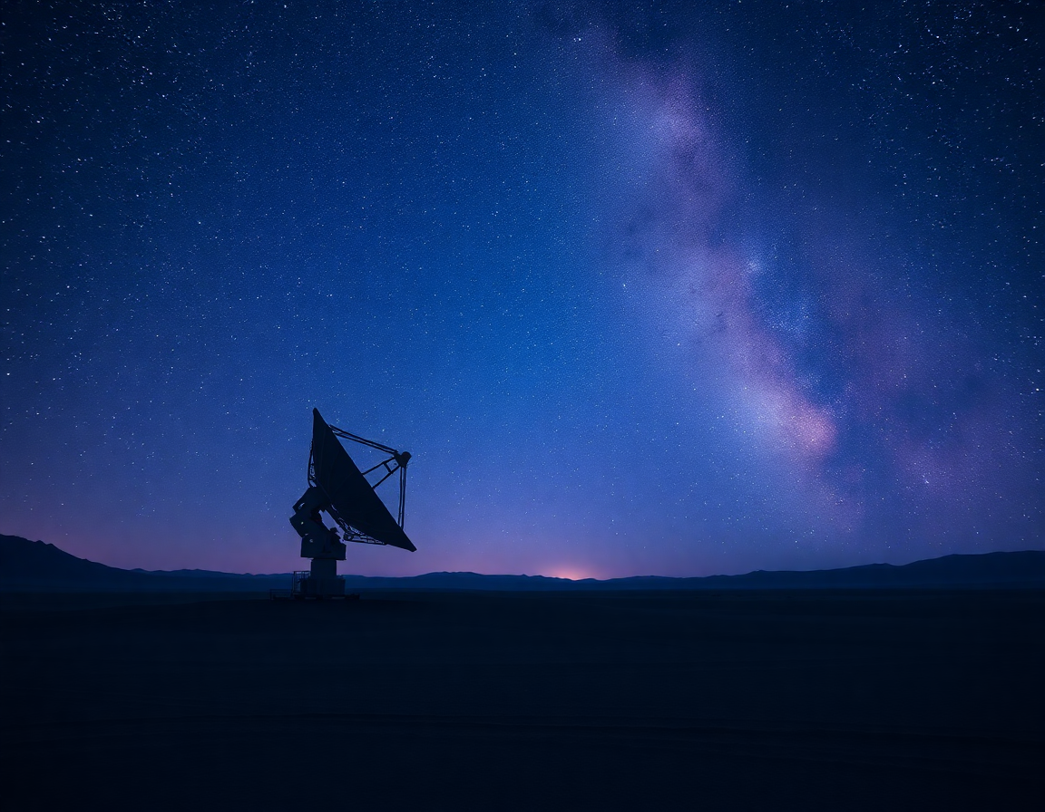 Cielo nocturno profundo con la Vía Láctea sobre un horizonte desértico, con un radiotelescopio apuntando al cielo