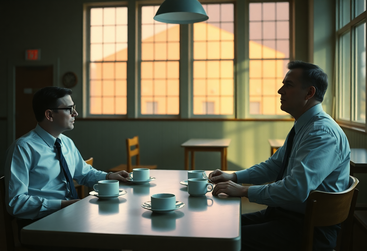Photorealistic cinematic interior of a 1950s Los Alamos cafeteria at midday, four physicists in shirtsleeves and ties se