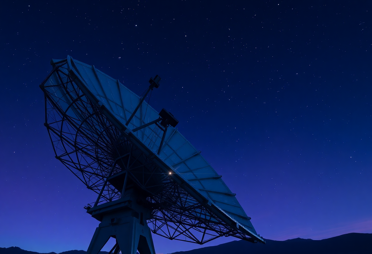 Photorealistic cinematic close-up of a large radio telescope dish array at night under a star-filled deep blue and purpl
