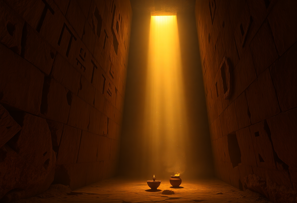 Torchlit interior chamber deep inside an ancient Egyptian pyramid, massive rough-hewn granite blocks and limestone walls