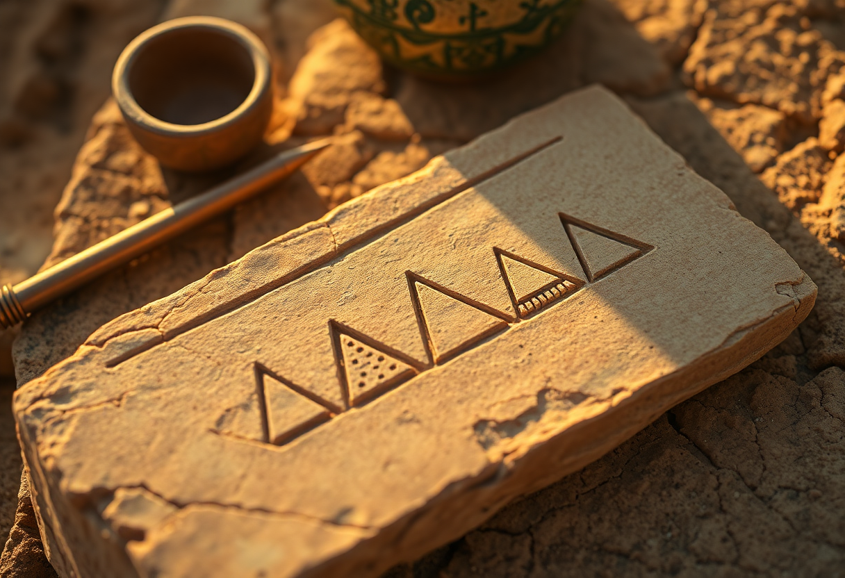 Close-up detail of an ancient Egyptian carved stone tablet or papyrus fragment resting on weathered sandstone, showing a