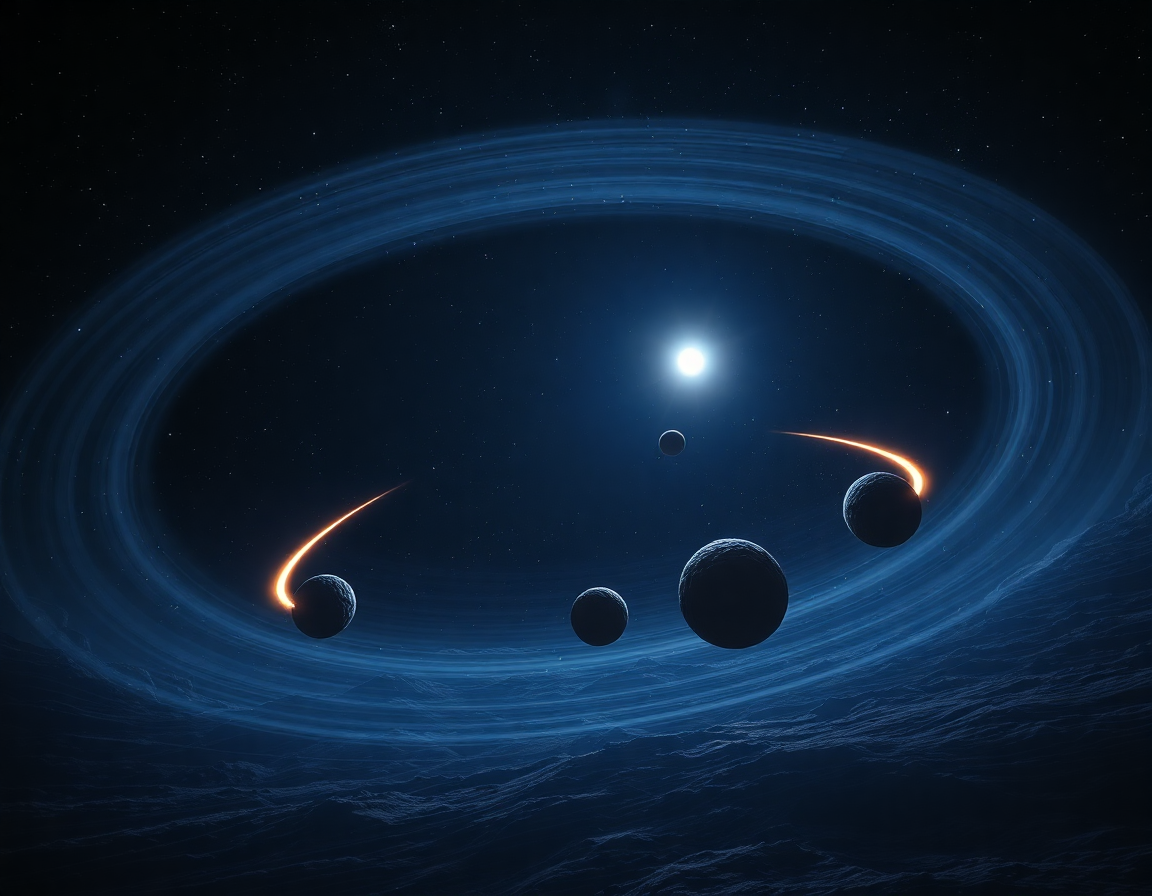 Photorealistic cinematic wide shot of the Kuiper Belt at the edge of the Solar System, six frozen rocky bodies with glow