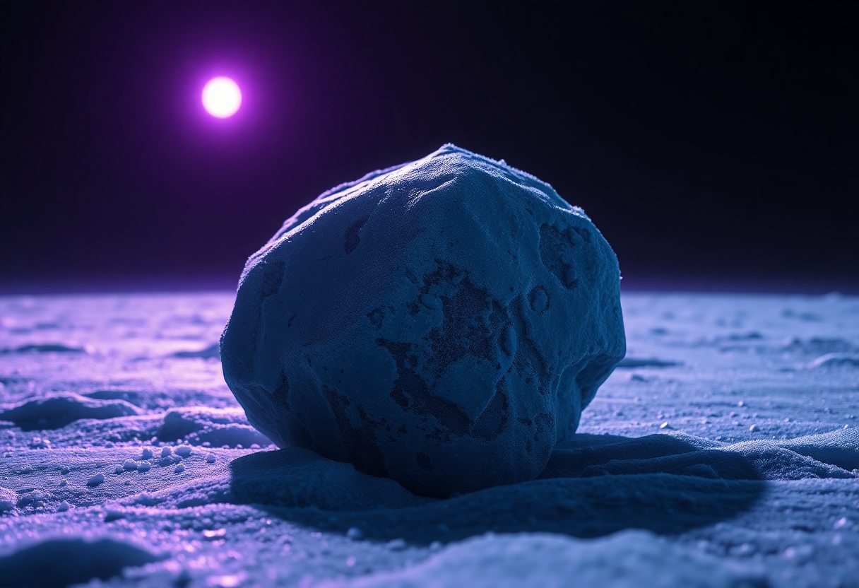 Photorealistic close-up of a single icy trans-Neptunian rock drifting in the deep black void, frost and ancient craters 