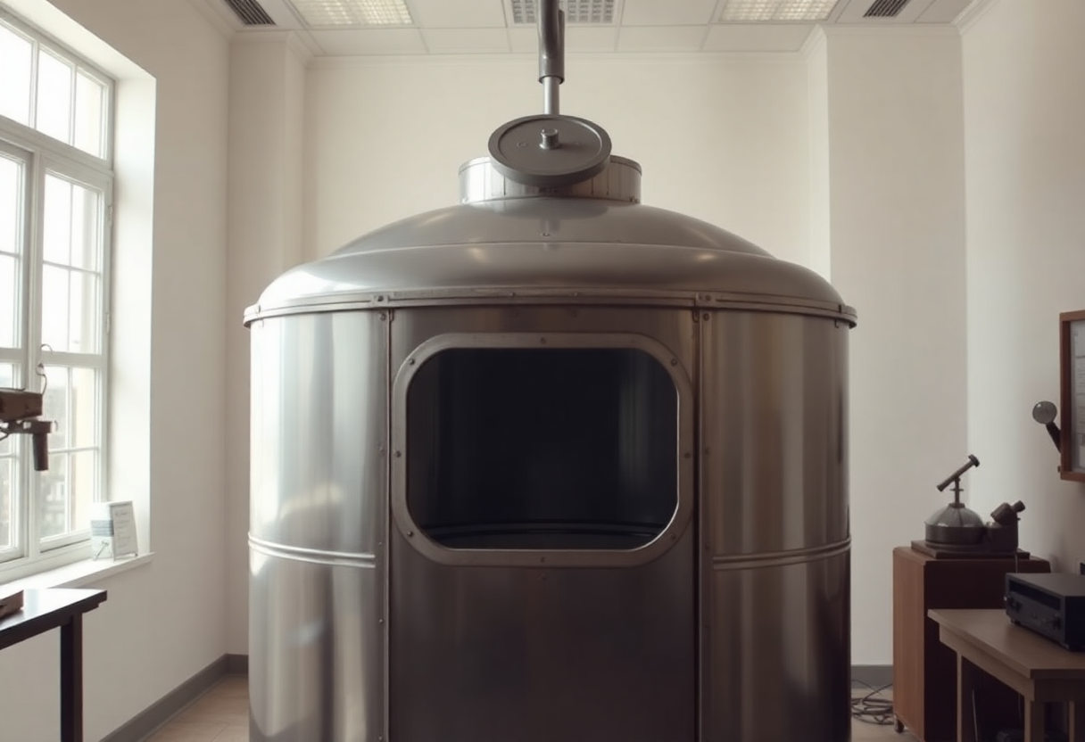 Tanque de aislamiento sensorial de mediados del siglo XX, estructura metálica con escotilla circular superior, en un laboratorio de paredes blancas.