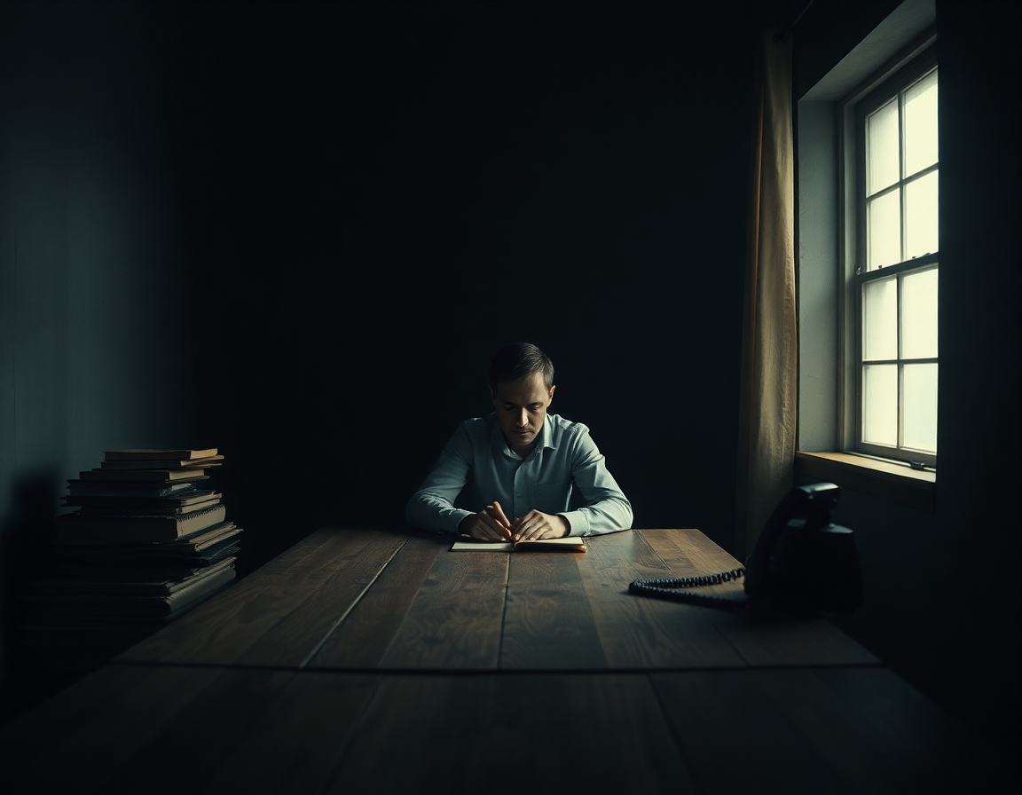 Cinematic photorealistic wide shot of a lone figure seated at a bare wooden table in a dim, high-contrast room, harsh si