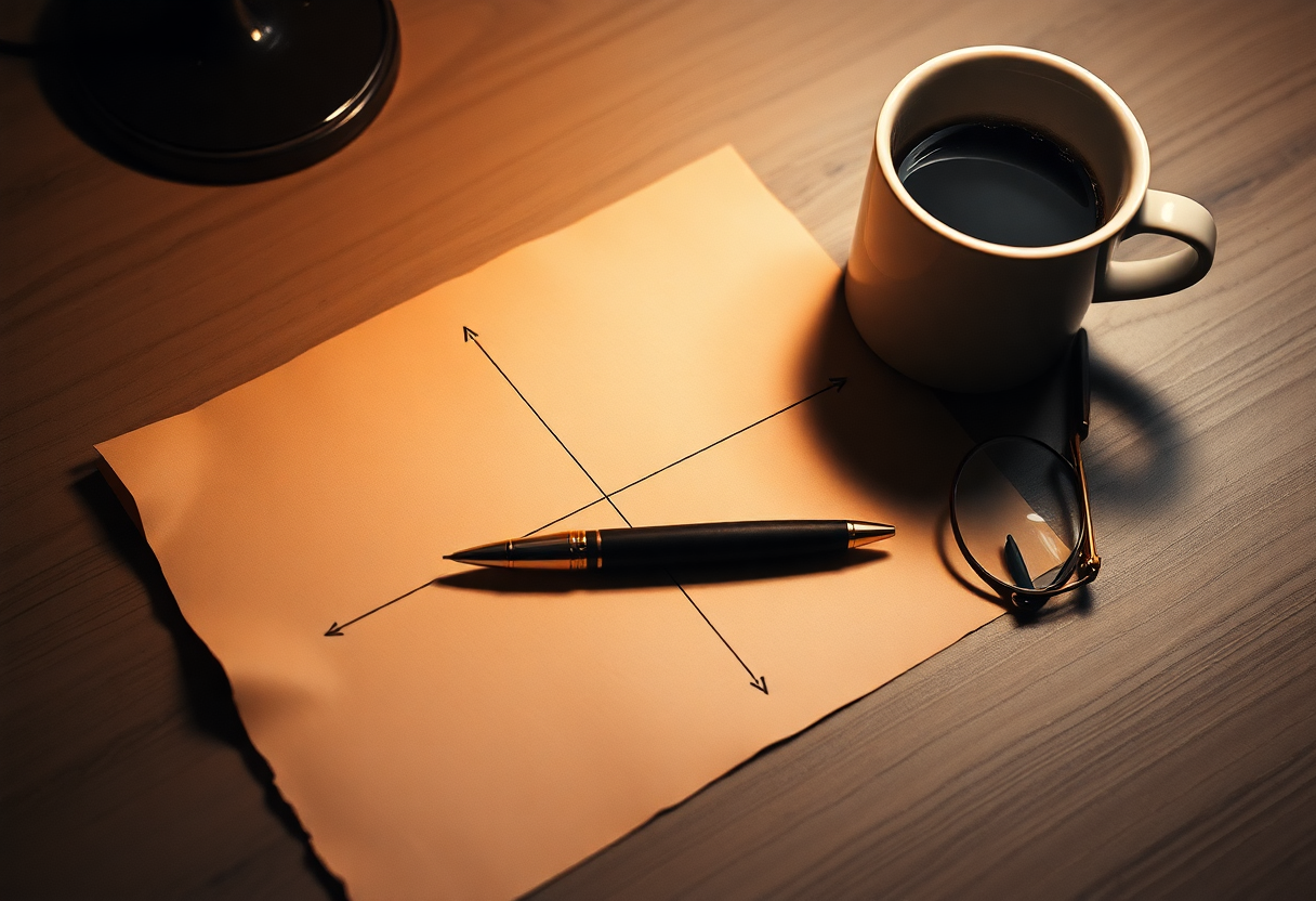 Photorealistic macro still life of a handwritten diagram on aged paper showing four quadrants labeled only by abstract s