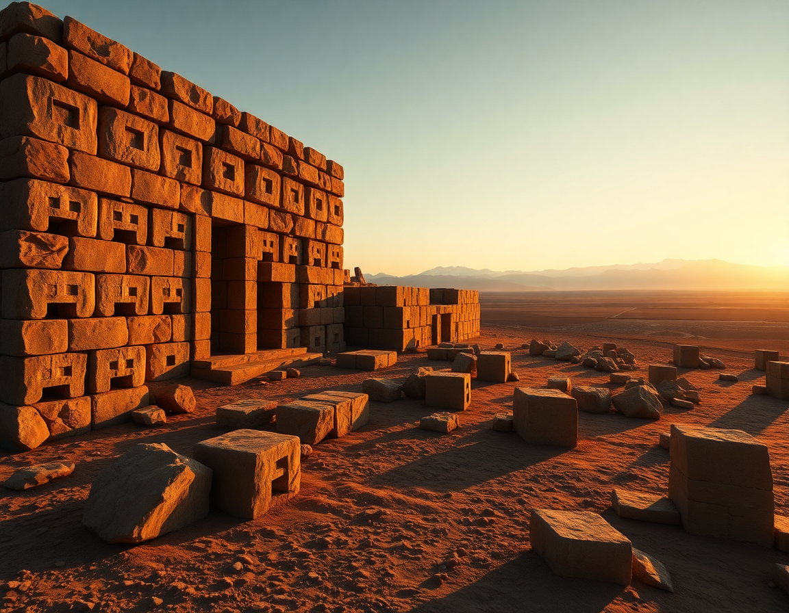 Cinematic photorealistic wide shot of the ancient megalithic ruins of Puma Punku on the Bolivian altiplano at golden hou