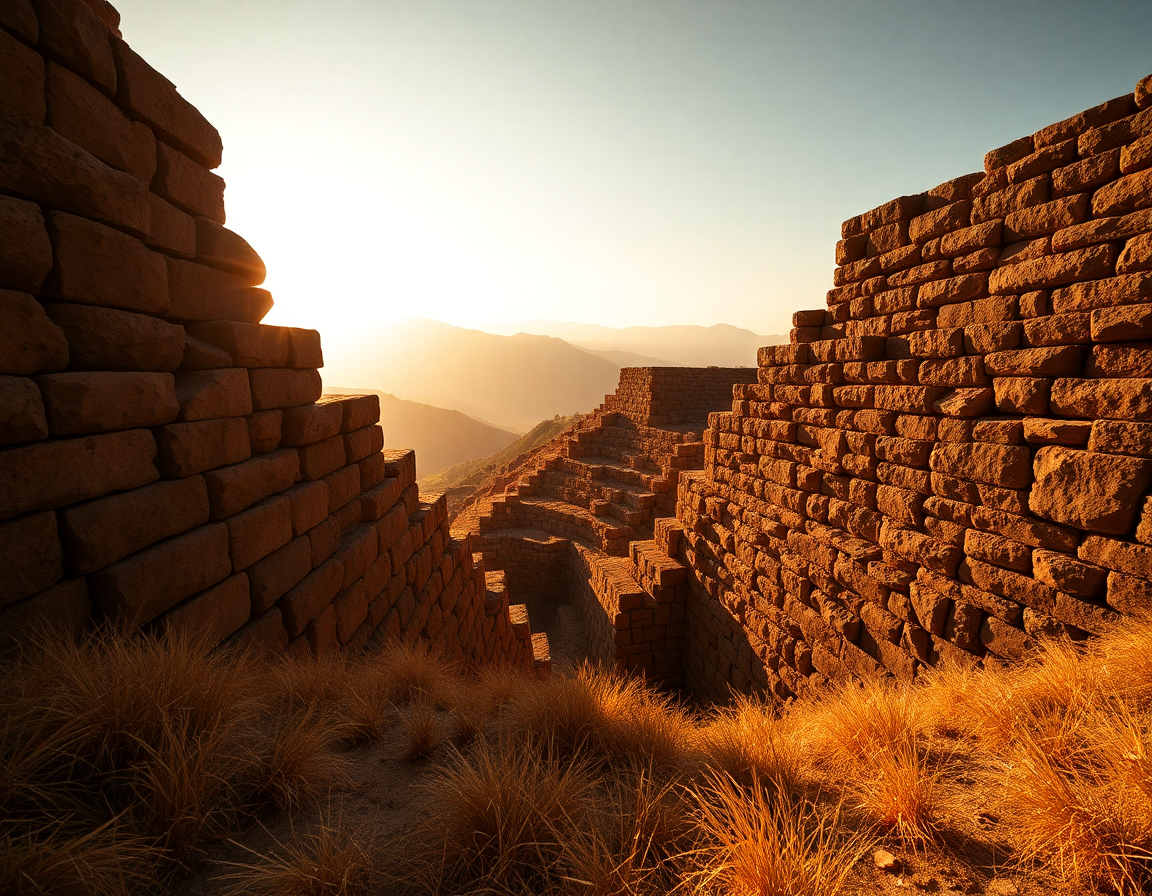 Cinematic photorealistic wide shot of the massive zigzagging megalithic walls of Sacsayhuamán at golden hour, colossal i