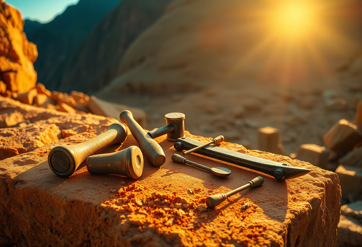 Cinematic photorealistic still life of ancient Inca stoneworking tools resting on a rough limestone quarry block, hammer