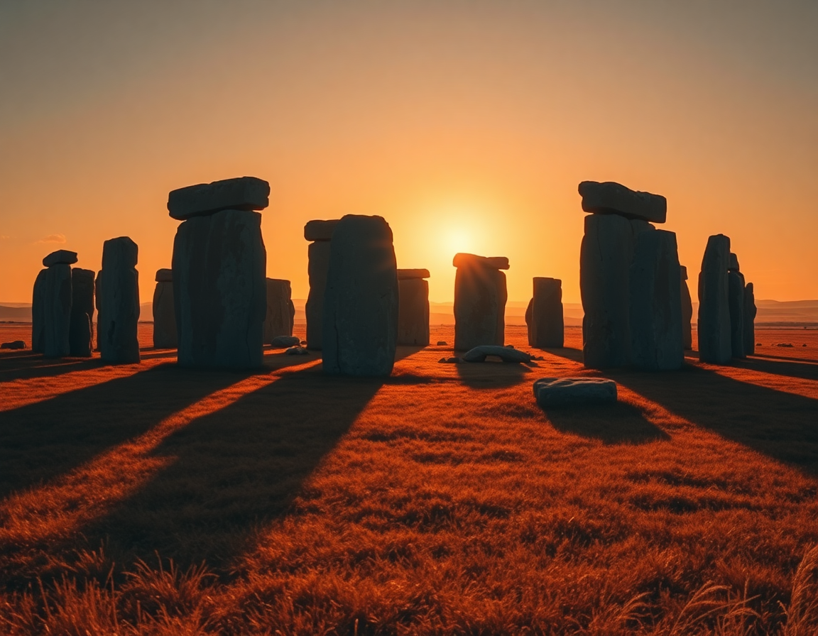 Círculo de piedras megalíticas alineadas sobre un paisaje de llanura al amanecer