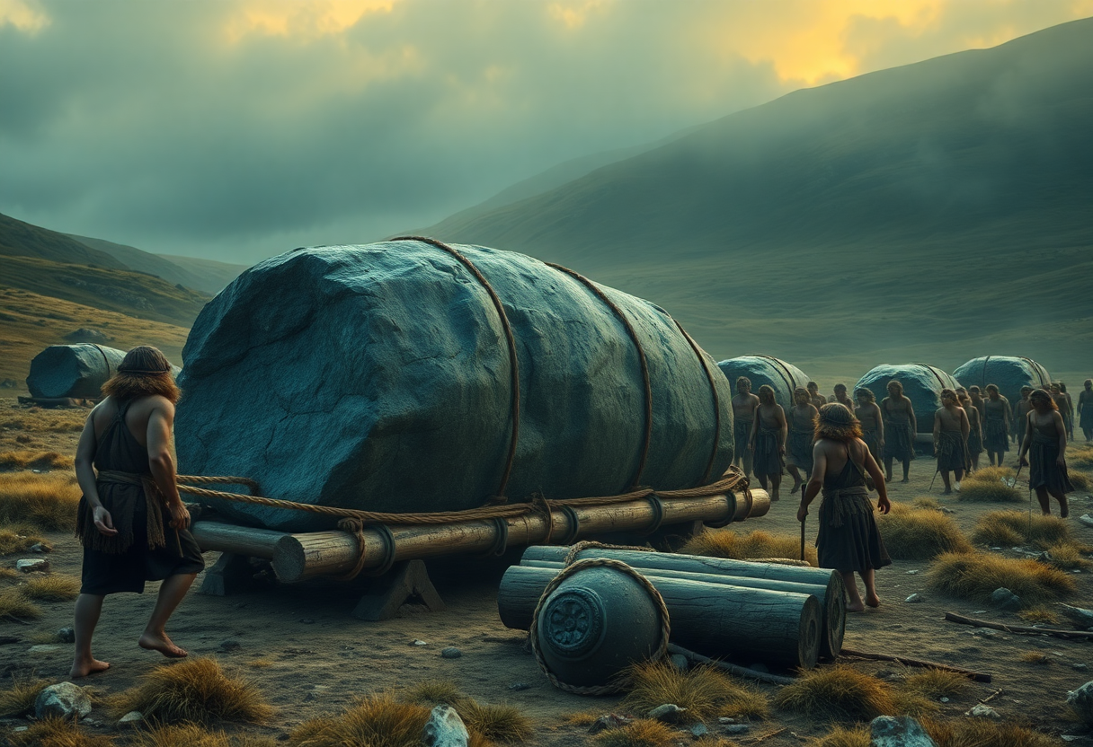 Reconstrucción ilustrada del transporte de una piedra azul sobre trineo de madera, con cuerdas y rodillos, atravesando un paisaje prehistórico